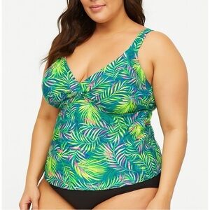 Lands’ End Green Palm Tree Print Tankini Women’s Swim Top Size 16 DD
